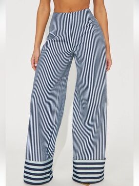 Striped Wide-Leg Navy and White Pants